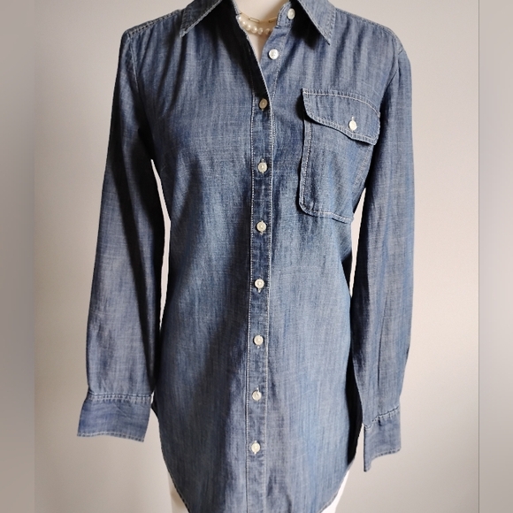 New York & Company 100% Cotton Dark Denim Western Style Tunic Shirt Size Small - Picture 2 of 14